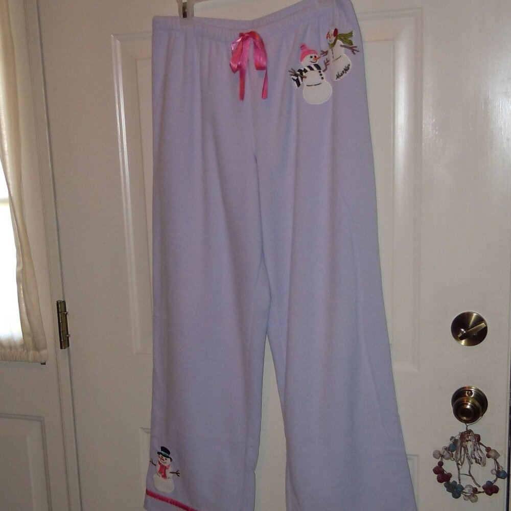 NICK & NORA WOMENS FLEECE PAJAMA LOUNGE PANTS PURPLE W/EMBROIDERED SNOWMEN MED